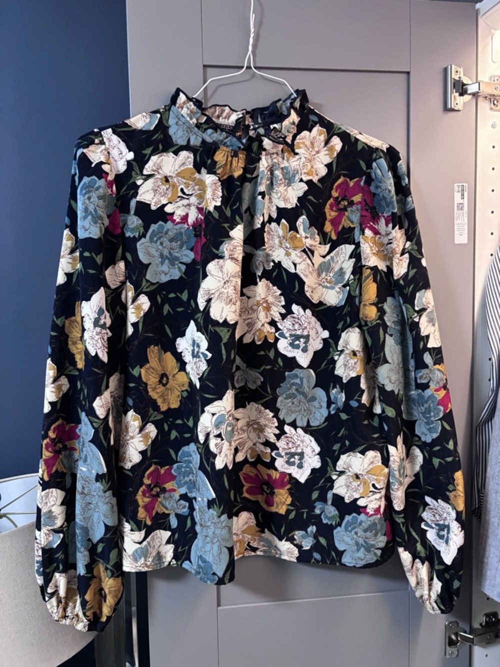 Floral Ruffle Neck Long-Sleeve Blouse - Black Multi
